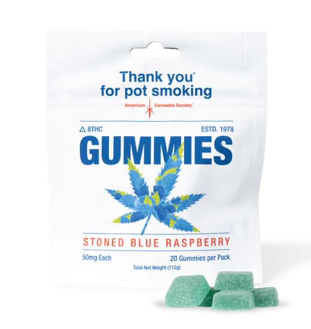 Delta 8 THC Gummies Stoned Blue Raspberry 50mg American Cannabis Society GreenRX Mt Horeb Wisconsin