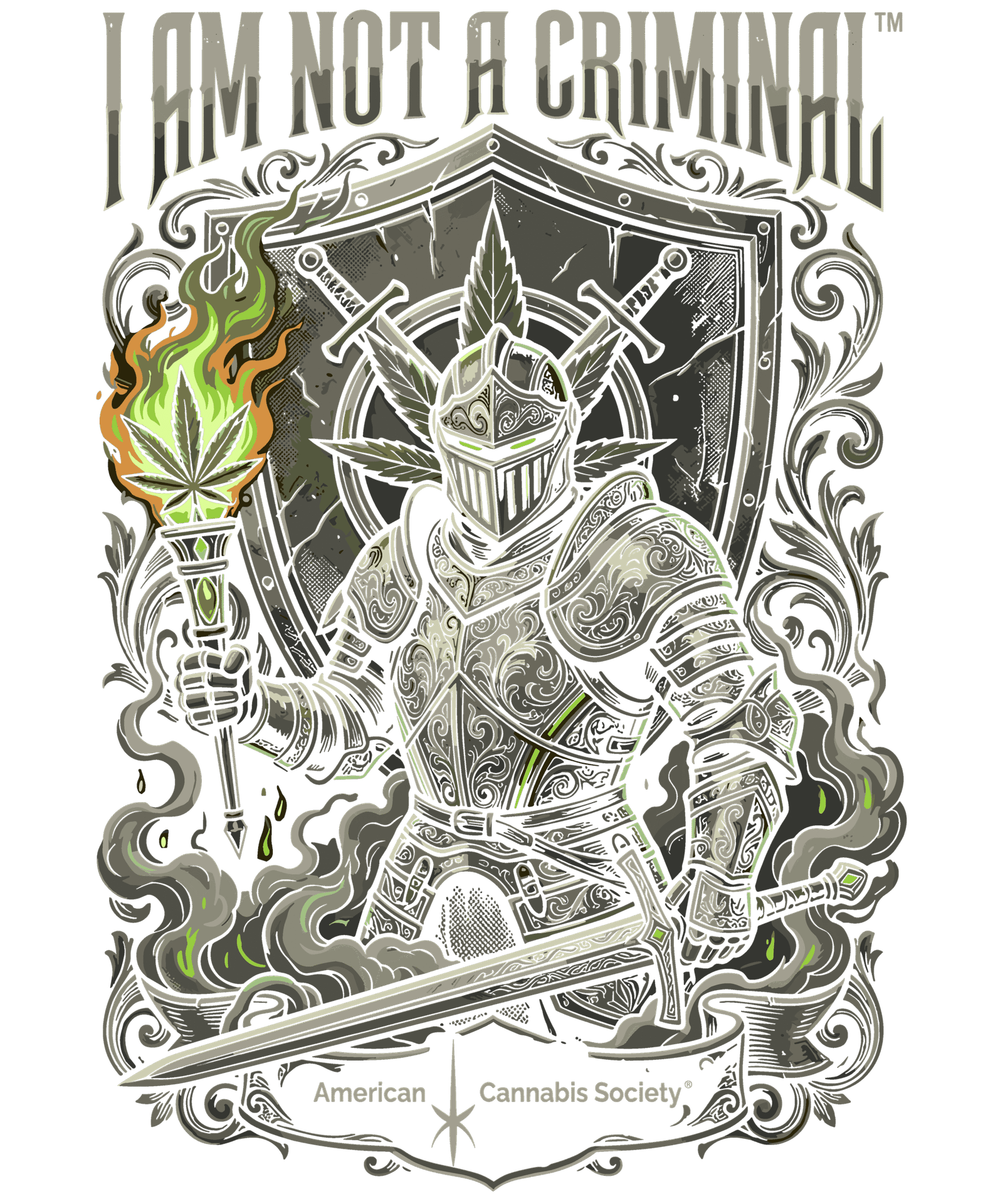 I Am Not A Criminal&trade; armored knight design by American Cannabis Society&reg; &mdash; THC delivery and free shipping to Mt Horeb from GreenRX&trade;